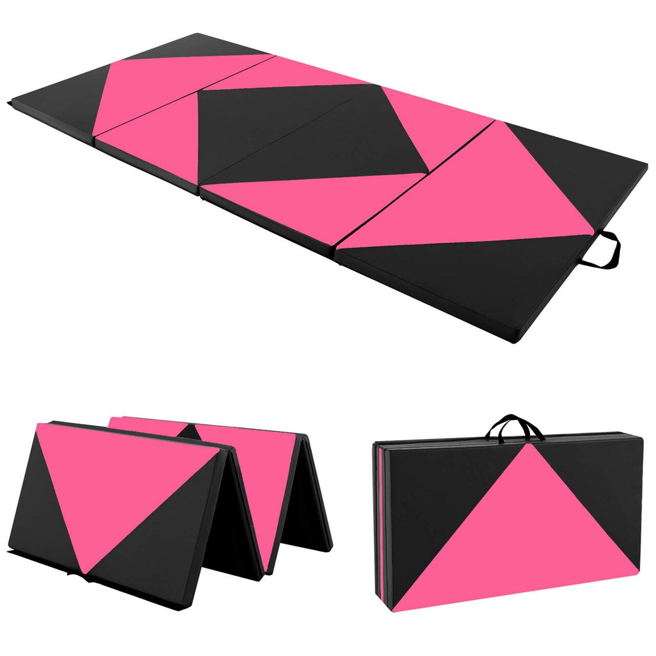 Costway Folding Gymnastics Mat 8' x 4' x 2'' PU Leather Tumbling Exercise Mat Yoga Gym Light Pink+Black/Blue+Black/Pink+Purple/Pink+Black/Pink+Blue/Pink